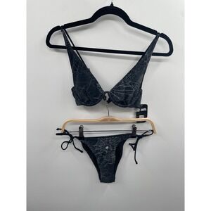 NWT Broken Promises Chrome Web Underwire Bikini Set Small Black Beach Romance